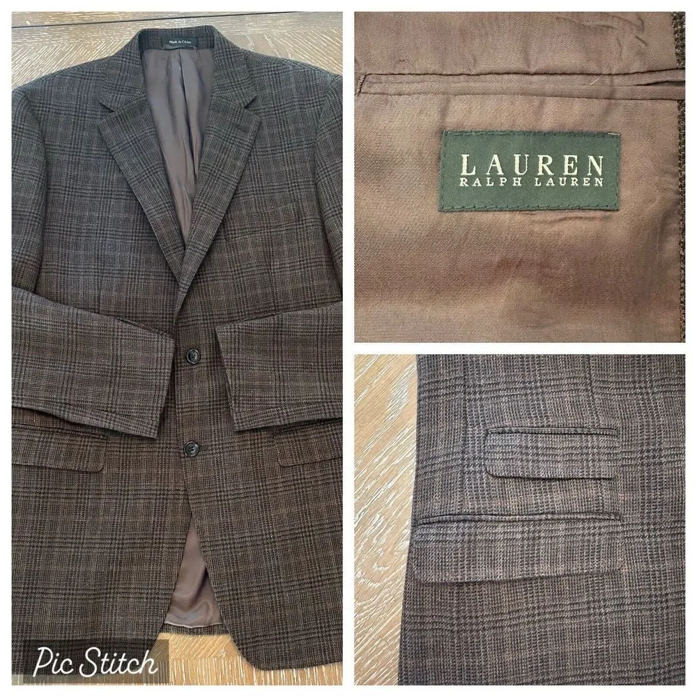 Lauren Ralph Lauren 42L BROWN 100% Wool Sport Coat Blazer Jacket Plaid EXCELLENT